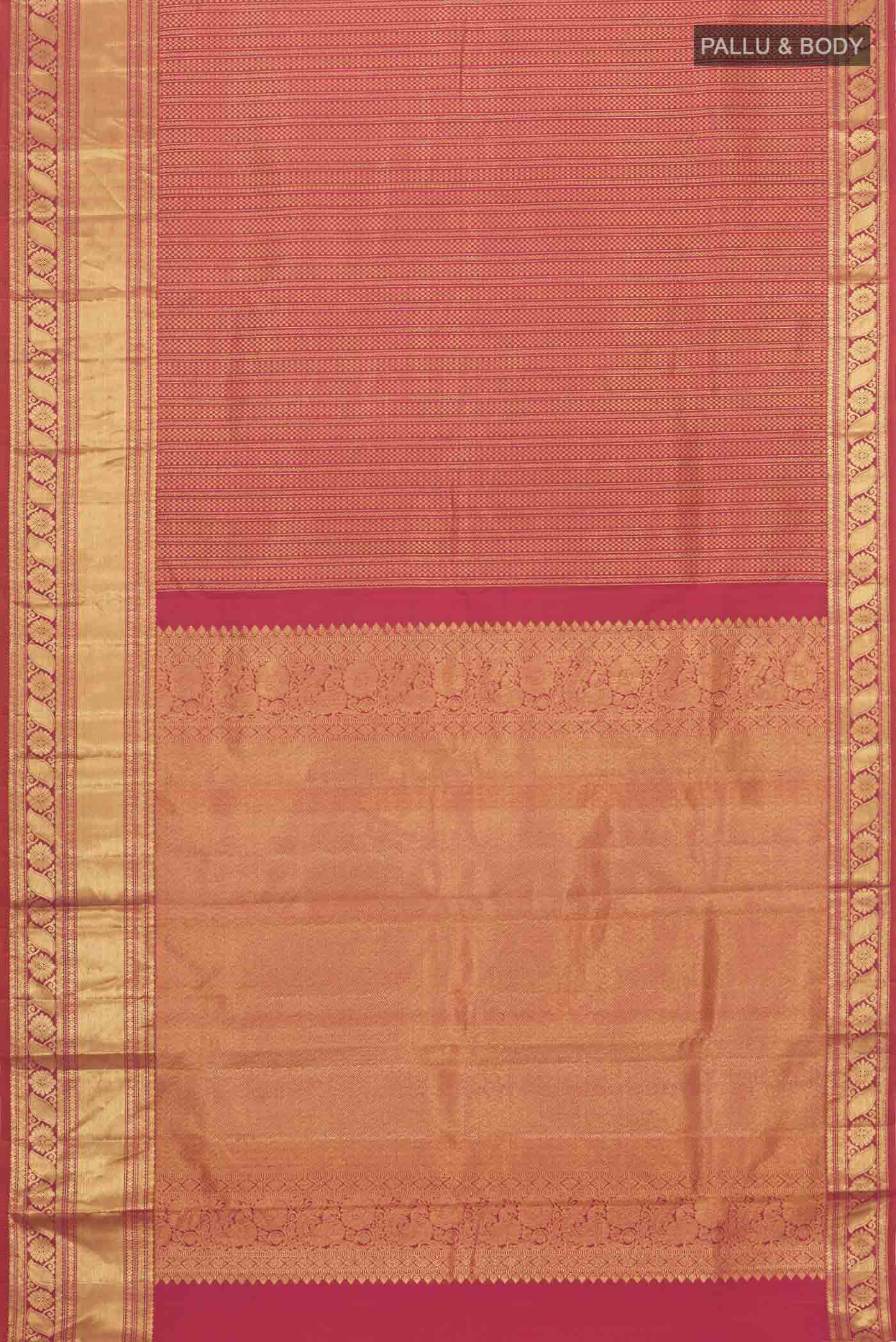 Flat view of Multi Color Kanchipuram Silk Saree with Stripes on the body and Zari Border