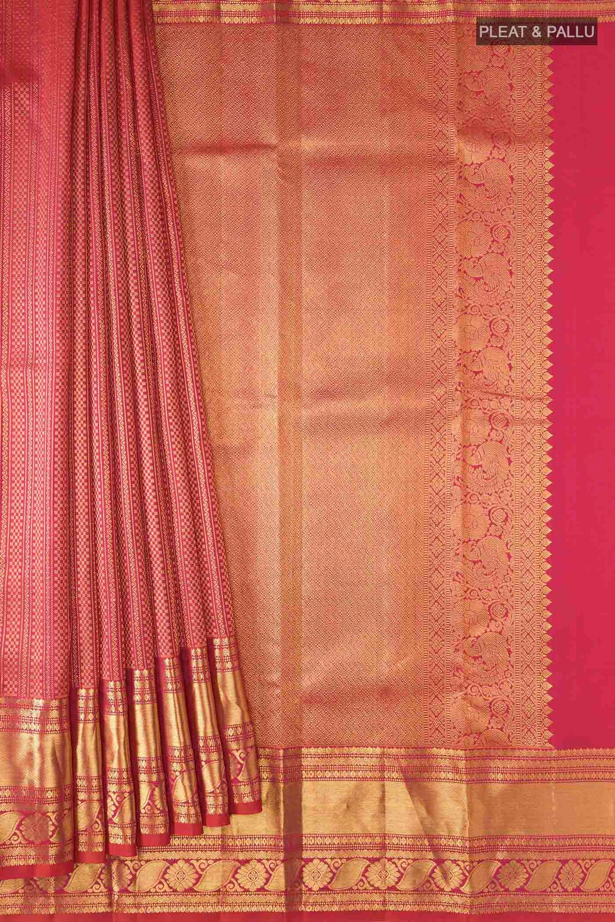 Pleats and pallu of Multi Color Kanchipuram Silk Saree with Stripes on the body and Zari Border
