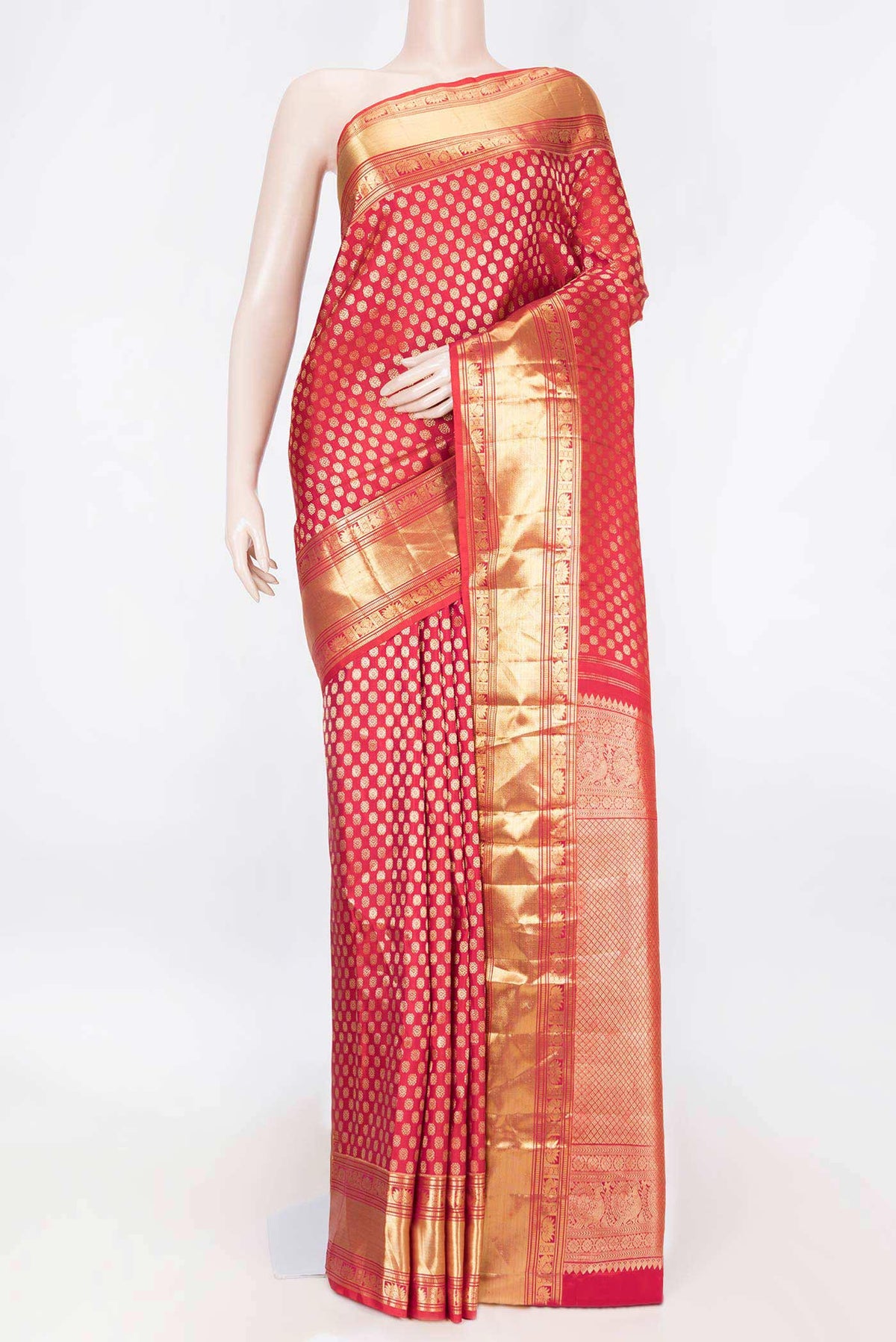 Red Dual Tone Kanchipuram Saree with Zari Brocade on the body and Zari Border displayed on a mannequin