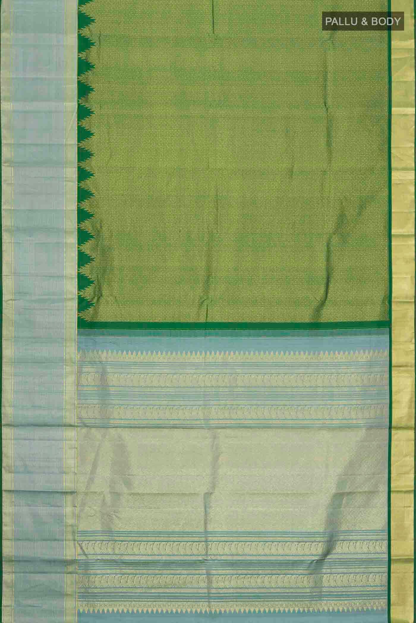 Flat view of Green Kanchipuram Silk Saree with Zari Brocade on the body and Zari Border
