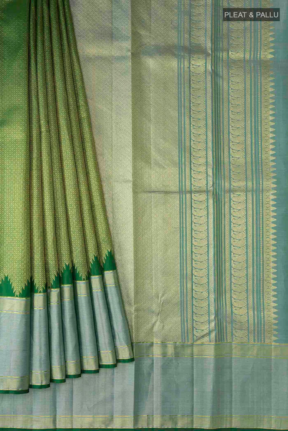 Pleats and pallu of Green Kanchipuram Silk Saree with Zari Brocade on the body and Zari Border