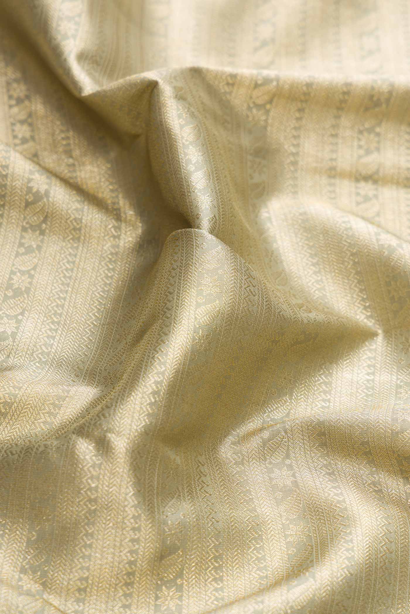 Close up of Light Green Dual Tone Kanchipuram Silk Saree with Zari Brocade on the body and Zari Border displaying folds
