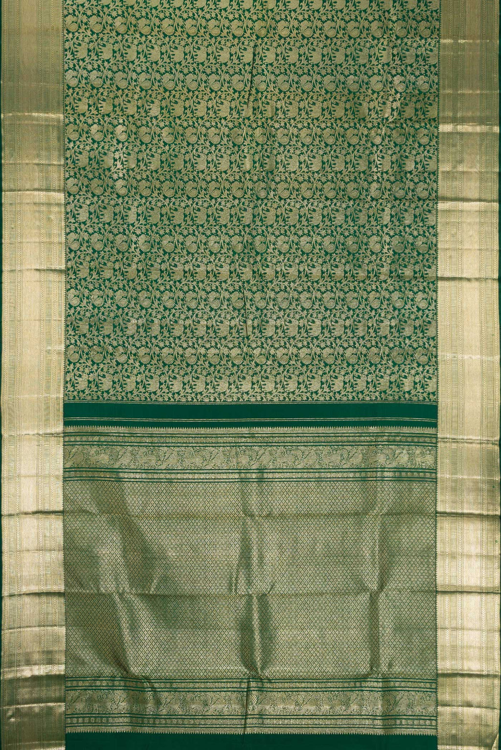 Flat view of Green Dual Tone Kanchipuram Silk Saree with Zari Brocade on the body and Zari Border. 