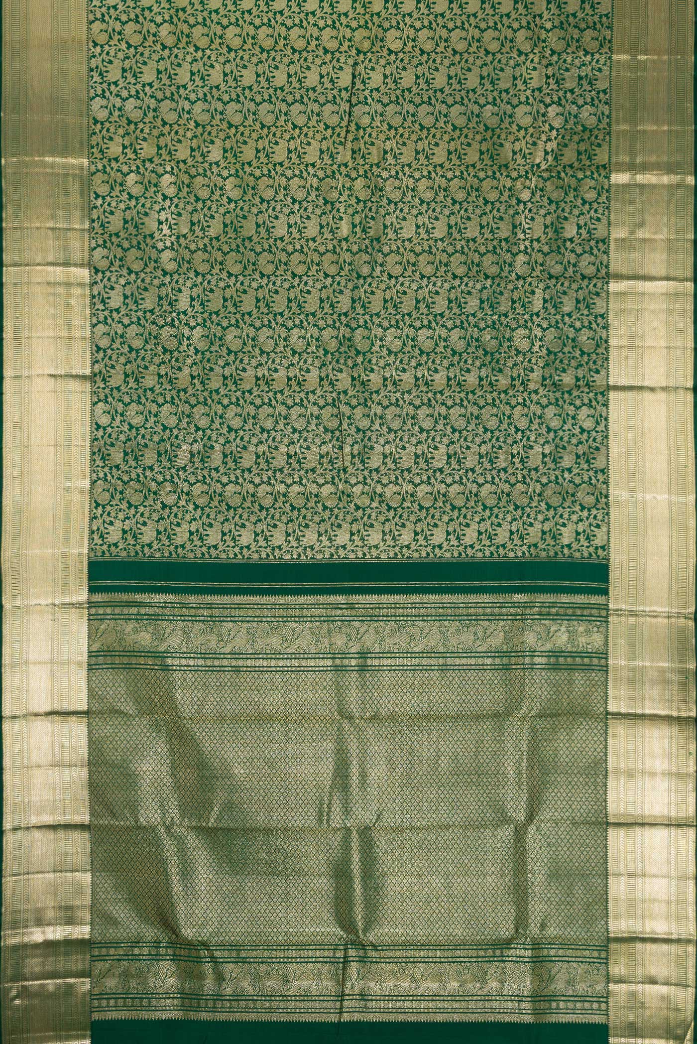 Flat view of Green Dual Tone Kanchipuram Silk Saree with Zari Brocade on the body and Zari Border. 