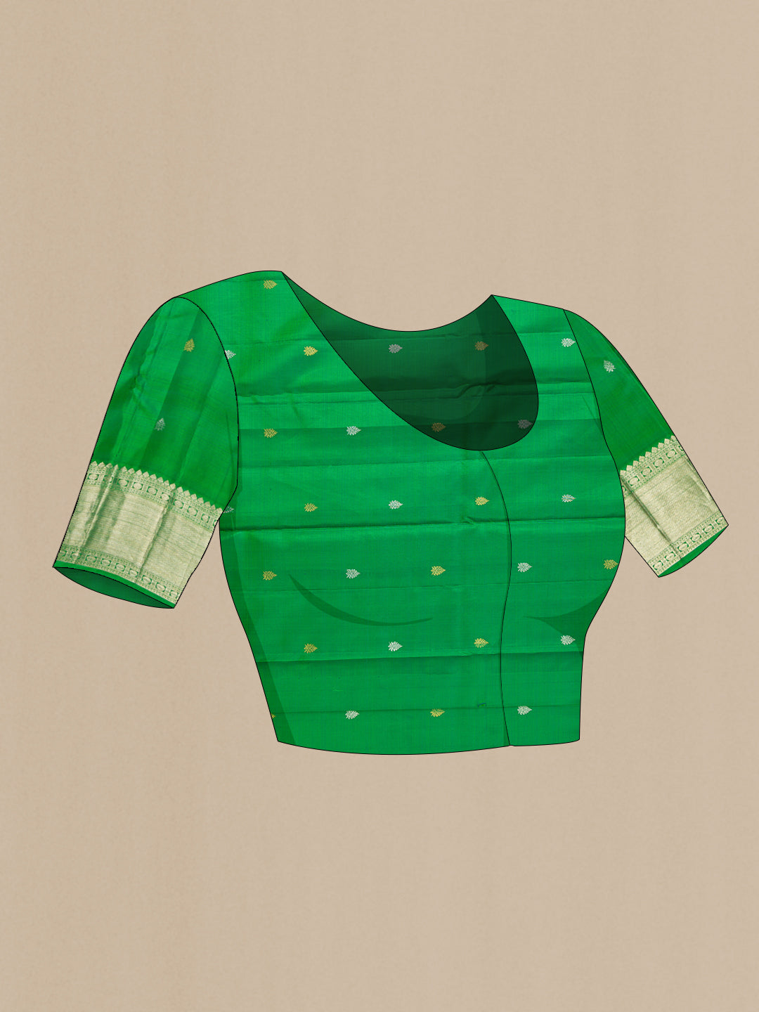 Close up image of the blouse of Green Dual Tone Kanchipuram Silk Saree with Zari Brocade on the body and Zari Border. 