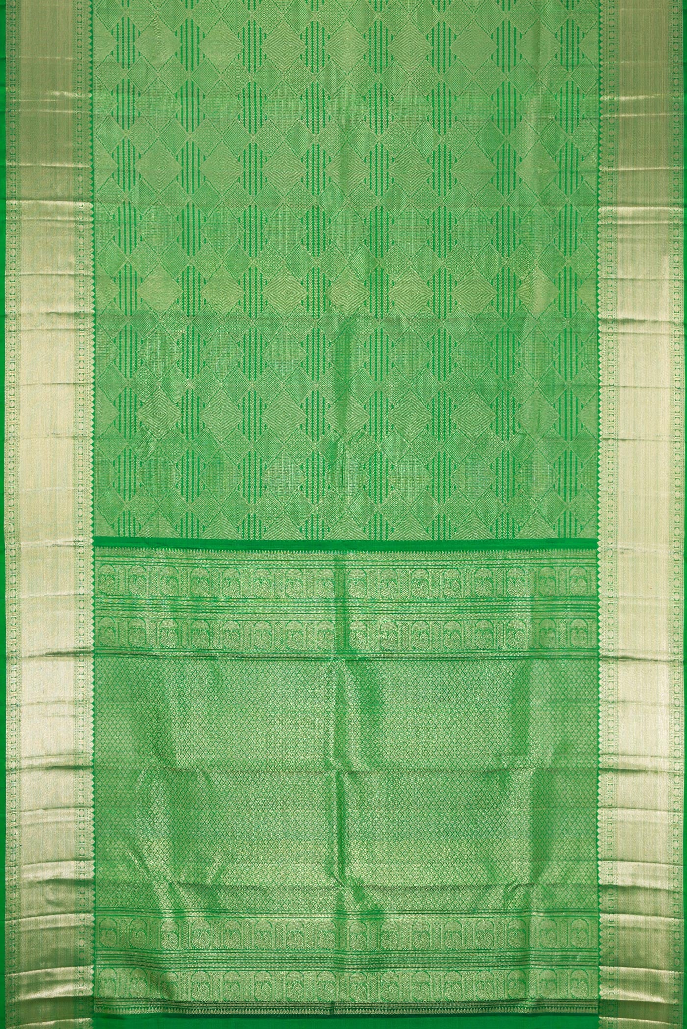 Flat view of Green Dual Tone Kanchipuram Silk Saree with Zari Brocade on the body and Zari Border. 