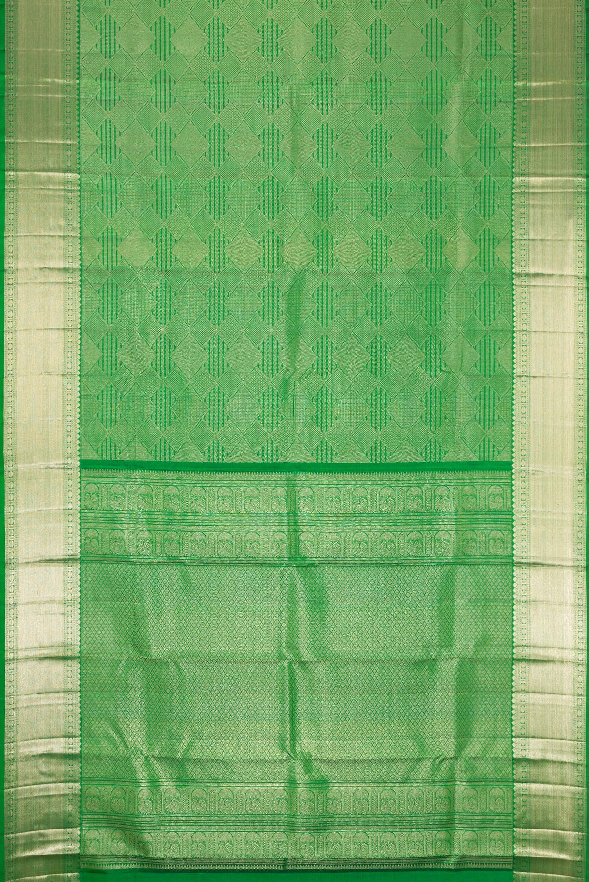 Flat view of Green Dual Tone Kanchipuram Silk Saree with Zari Brocade on the body and Zari Border. 