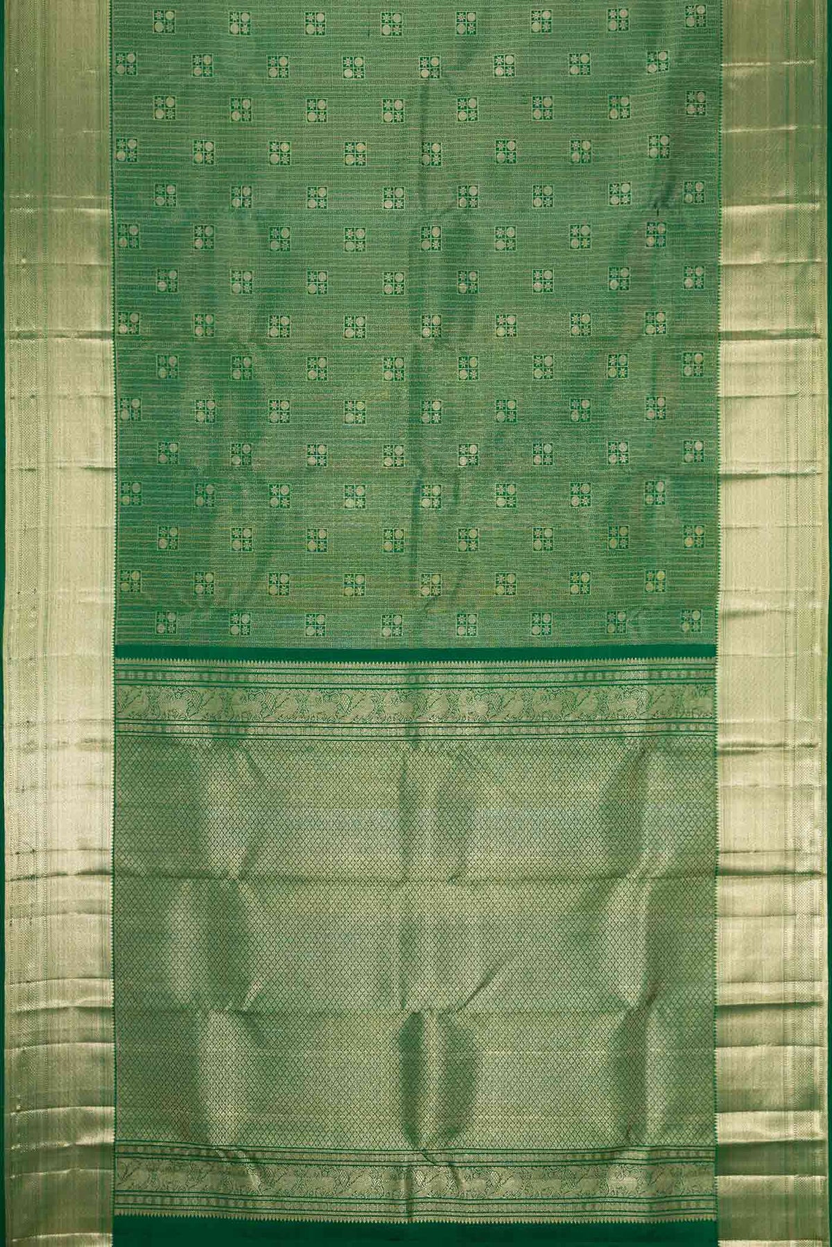 Flat view of Green Dual Tone Kanchipuram Silk Saree with Zari Brocade on the body and Zari Border
