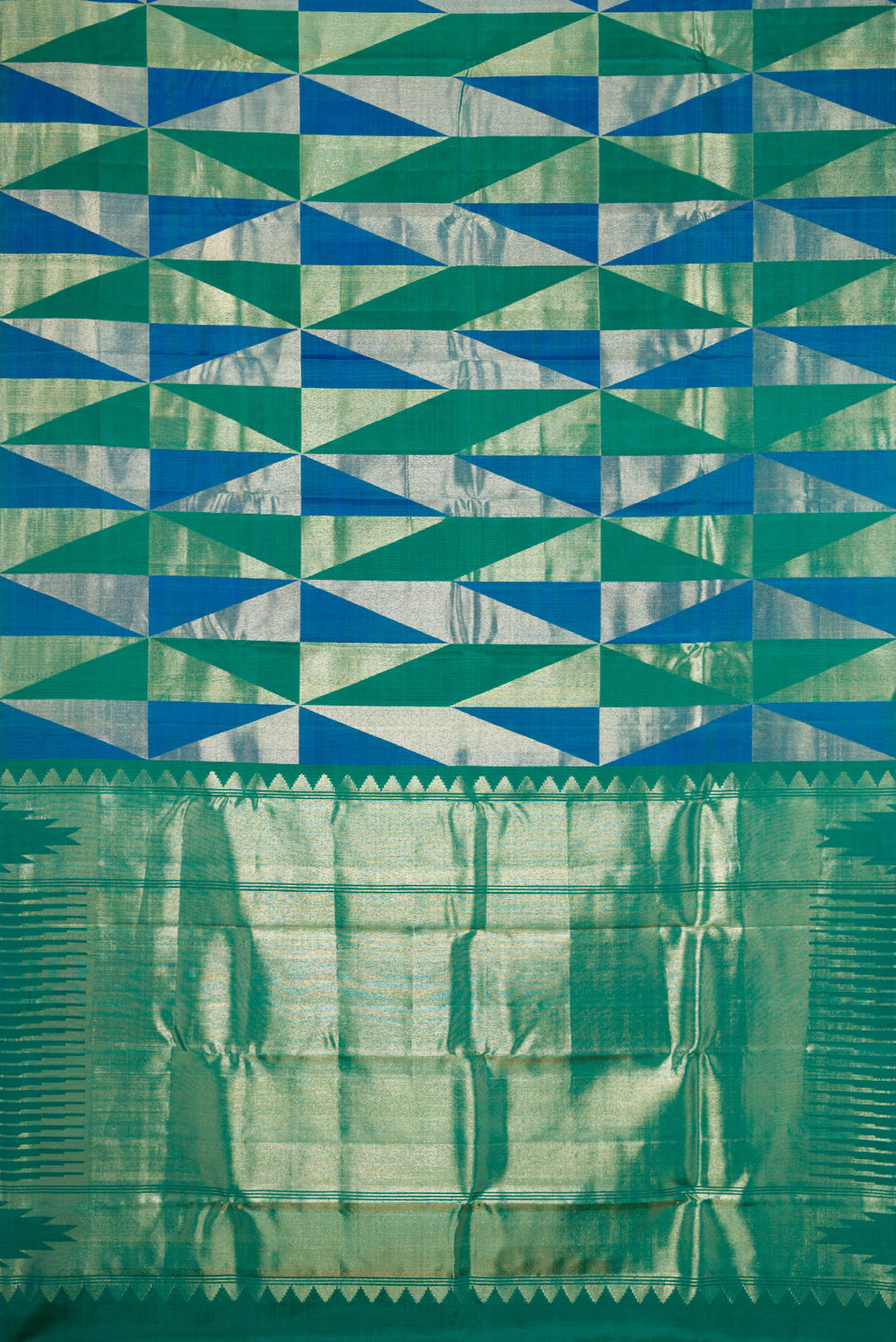 Flat view of Green and Peacock Blue Color Kanchipuram Silk Saree with Zari Brocade on the body and Without Border. 