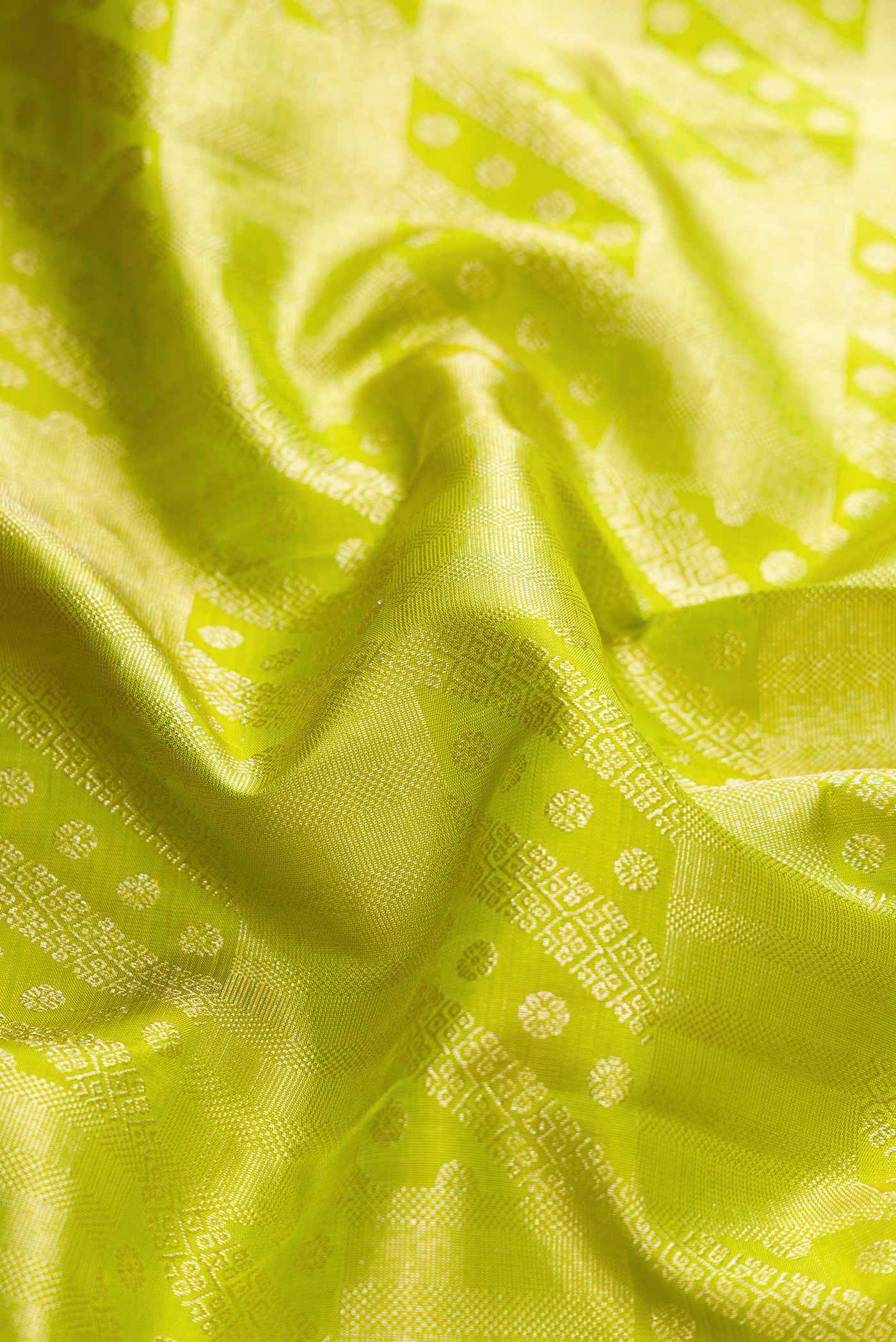 Close up of Parrot Green Dual Tone Kanchipuram Silk Saree with Zari Brocade on the body and Zari Border displaying folds