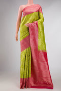 Parrot Green Dual Tone Kanchipuram Silk Saree with Zari Brocade on the body and Zari Border displayed on a mannequin