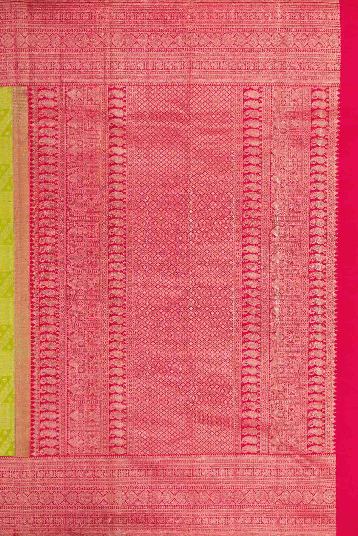 Close up image of the pallu of Parrot Green Dual Tone Kanchipuram Silk Saree with Zari Brocade on the body and Zari Border