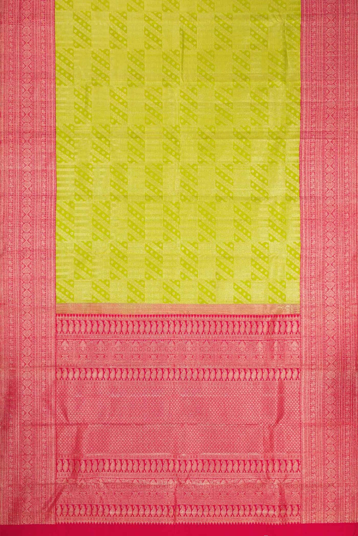 Flat view of Parrot Green Dual Tone Kanchipuram Silk Saree with Zari Brocade on the body and Zari Border