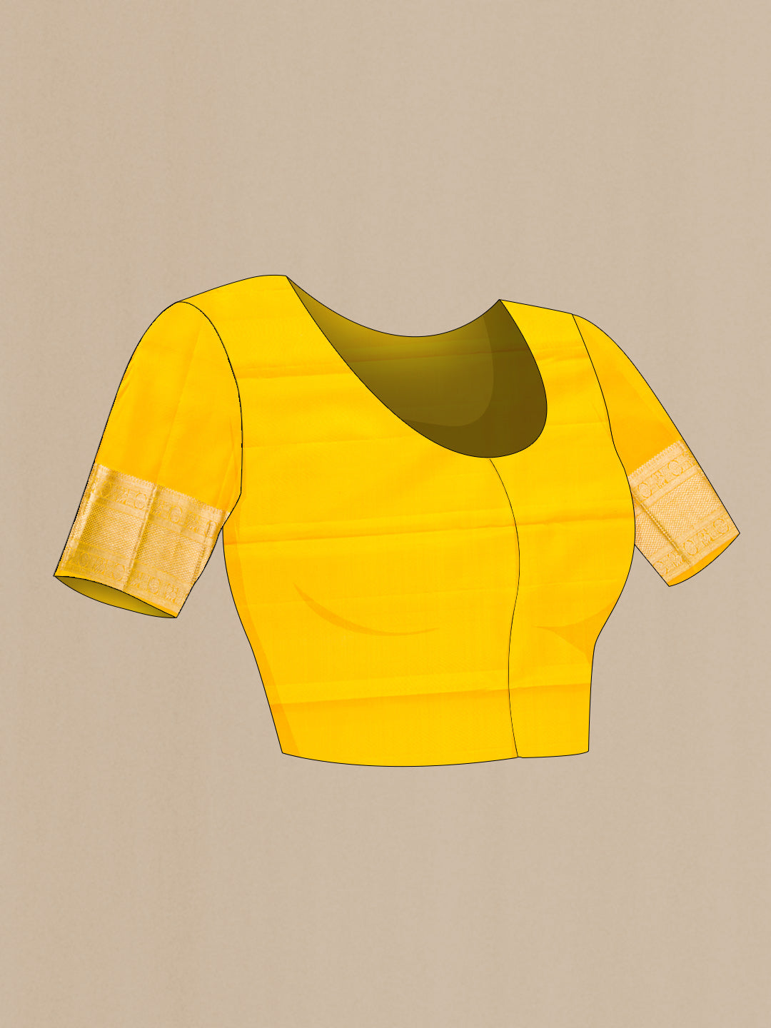 Close up image of the blouse of Yellow Dual Tone Kanchipuram Silk Saree with Zari Brocade on the body and Zari Border