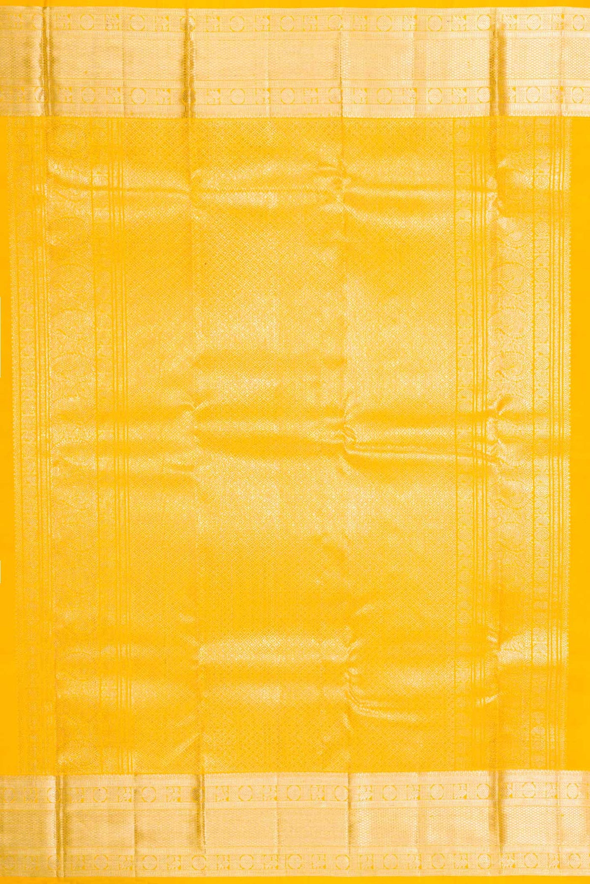 Close up image of the pallu of Yellow Dual Tone Kanchipuram Silk Saree with Zari Brocade on the body and Zari Border