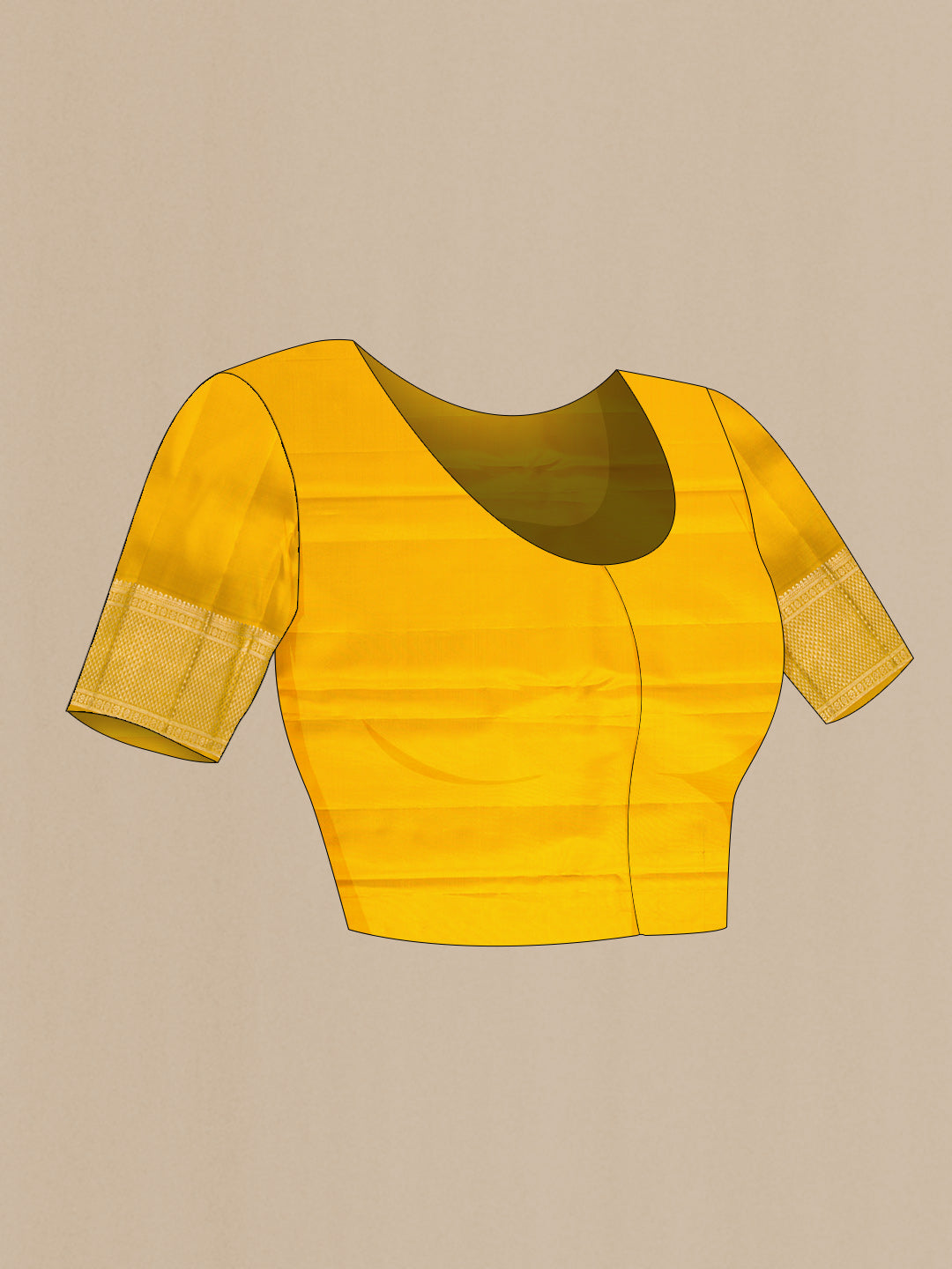 Close up image of the blouse of Mustard Dual Tone Kanchipuram Silk Saree with Zari Brocade on the body and Zari Border