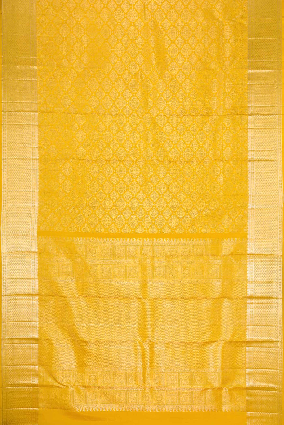Flat view of Mustard Dual Tone Kanchipuram Silk Saree with Zari Brocade on the body and Zari Border