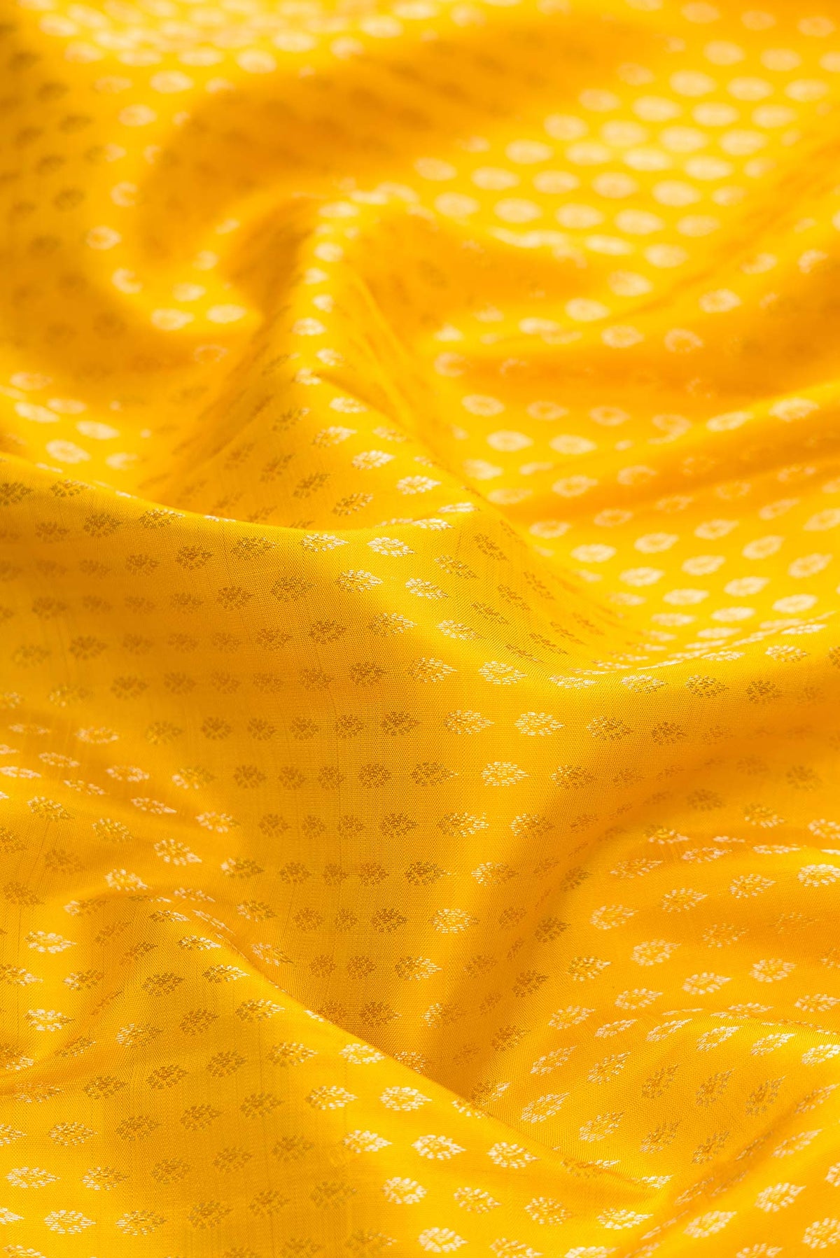 Close up of Yellow Dual Tone Kanchipuram Silk Saree with Zari Brocade on the body and Zari Border displaying folds