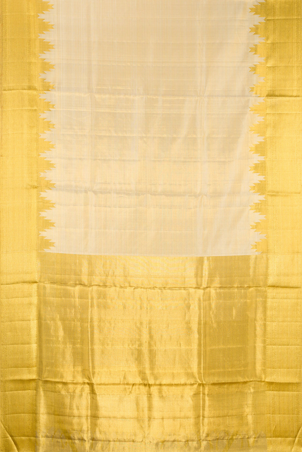 Flat view of Gold Dual Tone Kanchipuram Tissue Silk Saree with Zari Brocade on the body and Zari Border. 
