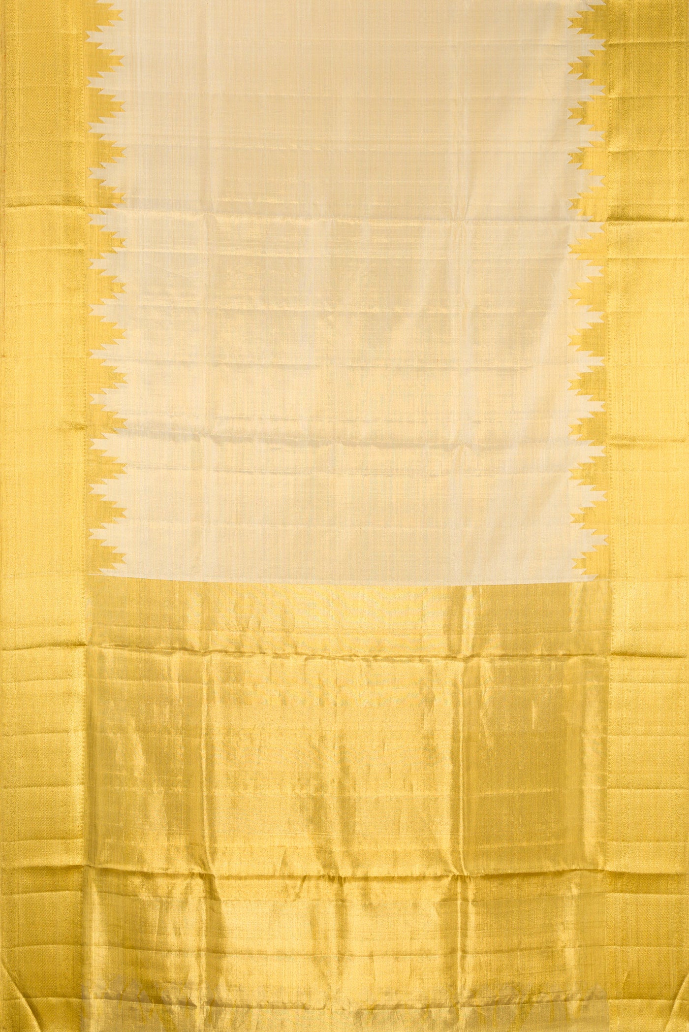 Flat view of Gold Dual Tone Kanchipuram Tissue Silk Saree with Zari Brocade on the body and Zari Border. 
