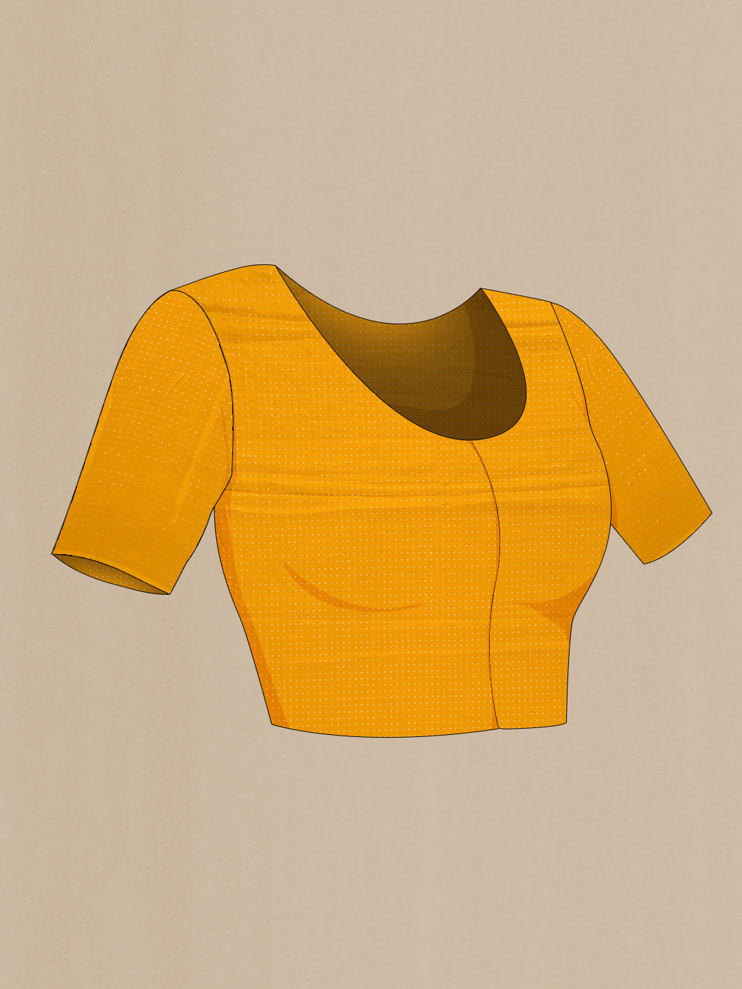 Close up image of the blouse of Mustard Mysore Chiffon Saree with Plain Body and Zari Border. 