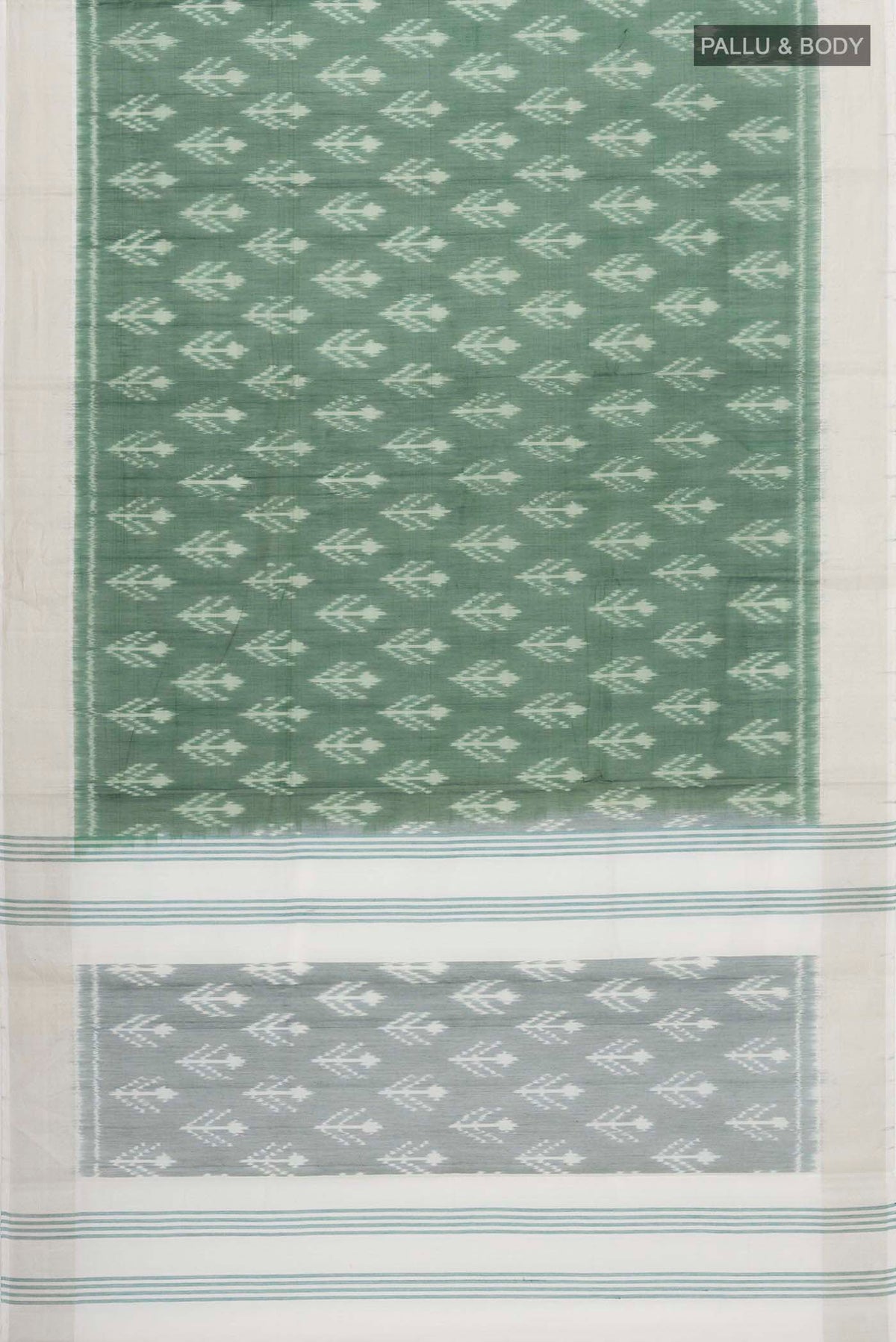 Flat view of Green Silk Cotton Saree with Ikat Print on the body and Zari Border