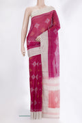 Dark Pink Silk Cotton Saree with Ikat Print on the body and Zari Border.  displayed on a mannequin