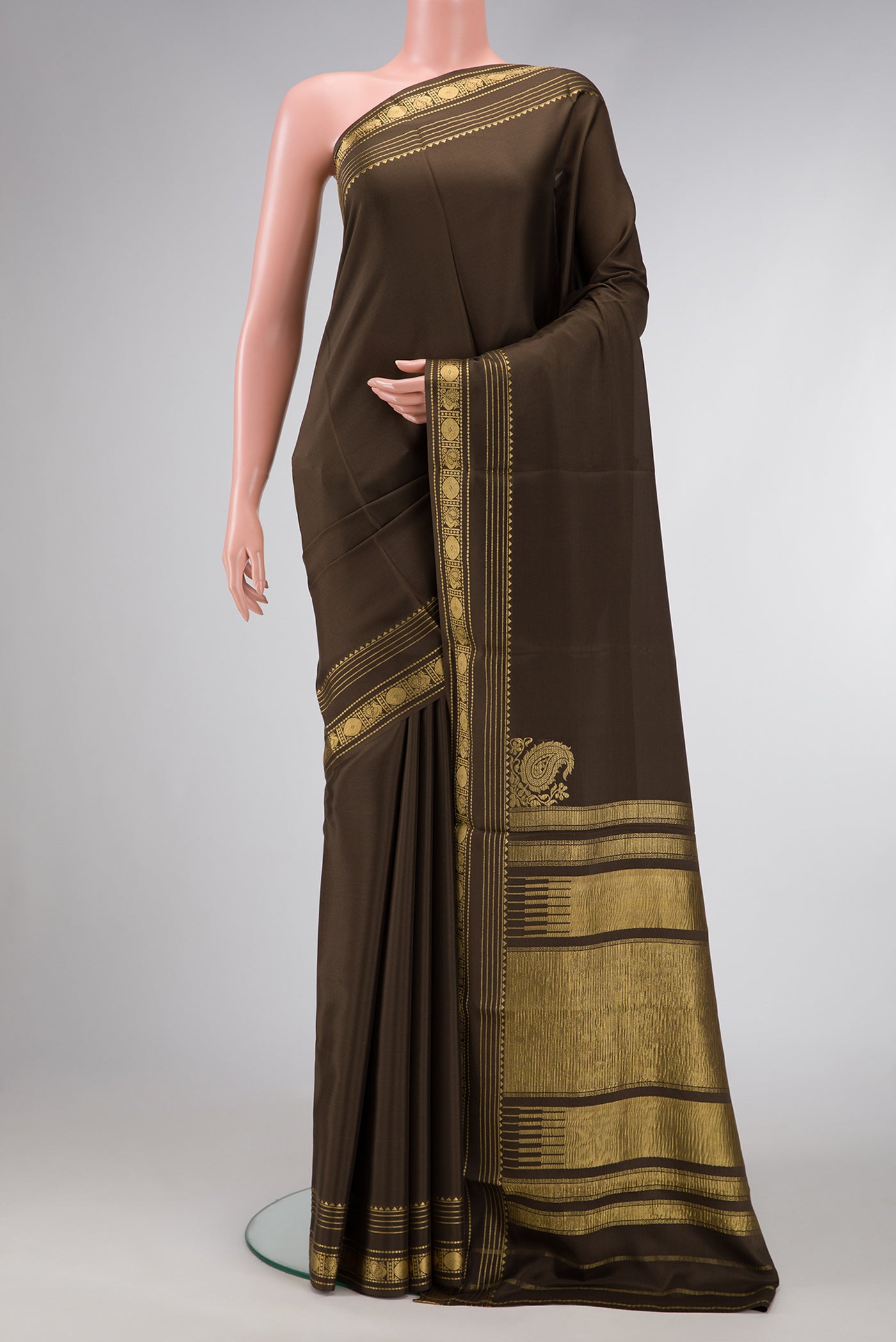 Brown Dual Tone Mysore Silk Saree with Plain Body and Zari Border.  displayed on a mannequin