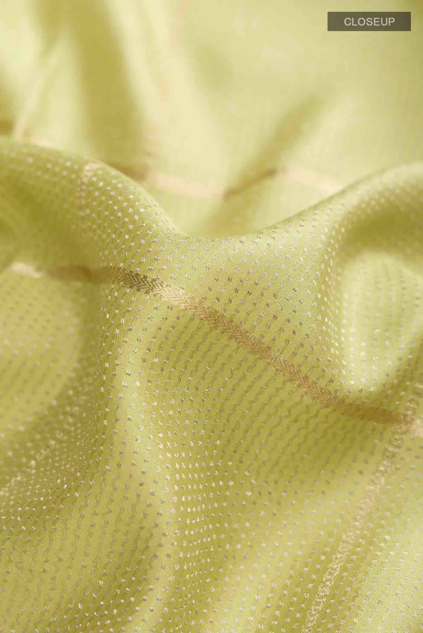 Close up of Green Mysore Crepe Saree with Checked design on the body and Zari Border displaying folds