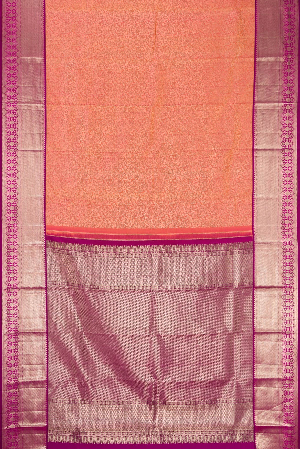 Flat view of Coral Dual Tone Kanchipuram Silk Saree with Zari Brocade on the body and Zari Border. 