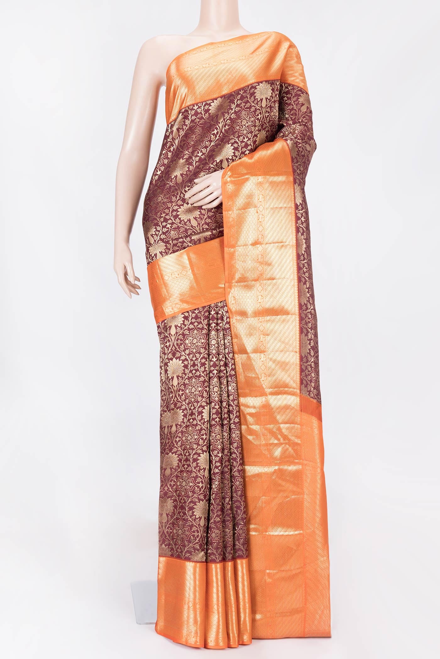 Maroon Dual Tone Kanchipuram Saree with Zari Brocade on the body and Zari Border displayed on a mannequin