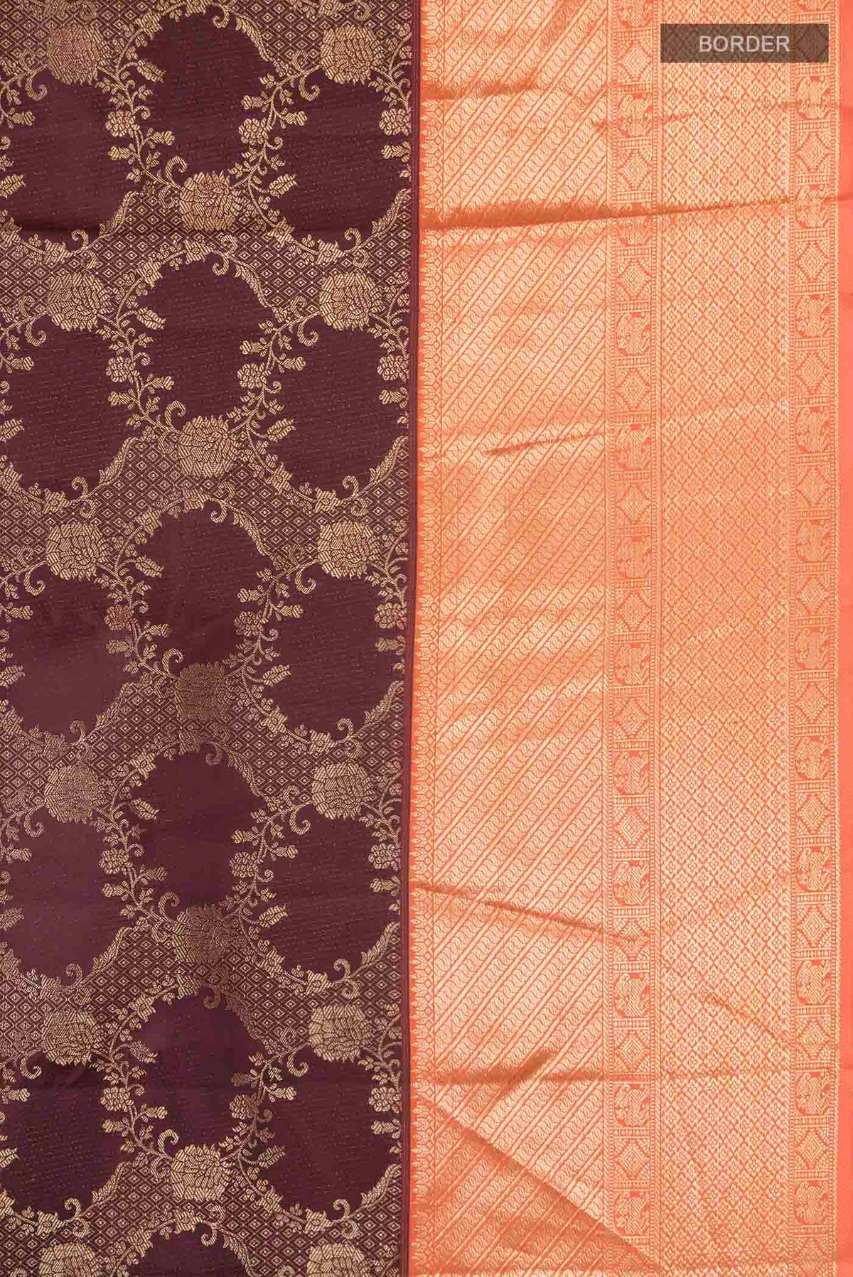 Border image of Brown Kanchipuram Silk Saree with Zari Butta on the body and Zari Border