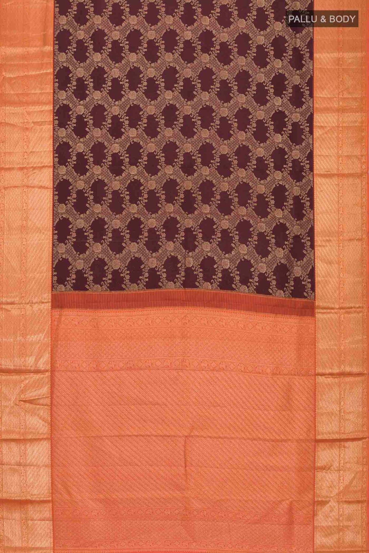 Flat view of Brown Kanchipuram Silk Saree with Zari Butta on the body and Zari Border