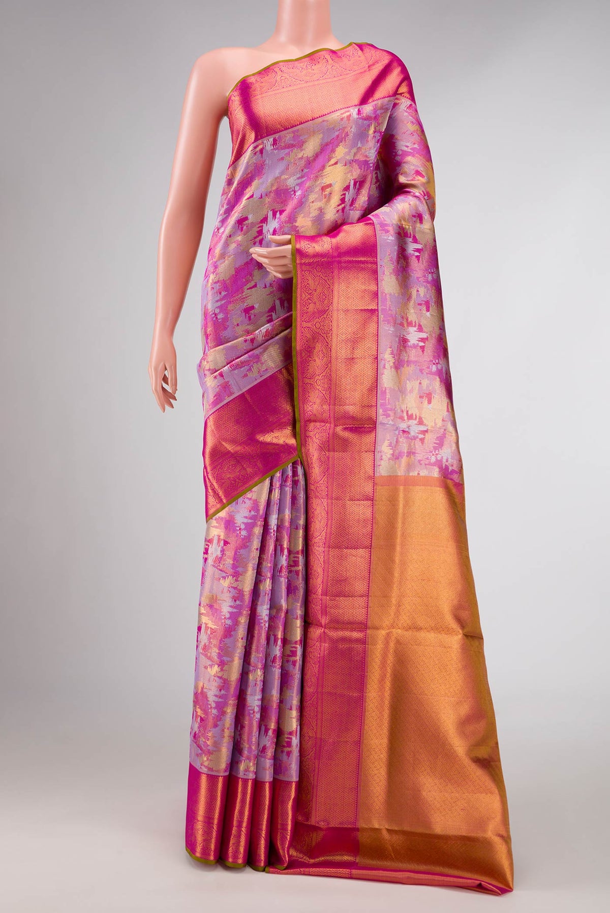 Pink Dual Tone Kanchipuram Tissue Silk Saree with Zari Brocade on the body and Zari Border displayed on a mannequin