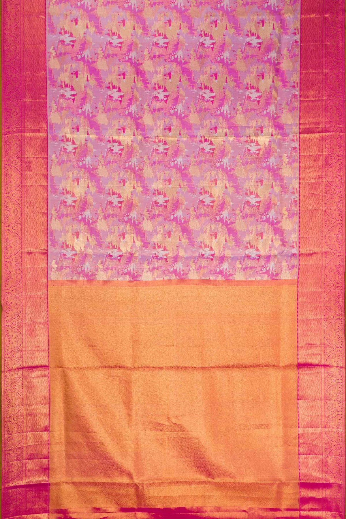 Flat view of Pink Dual Tone Kanchipuram Tissue Silk Saree with Zari Brocade on the body and Zari Border