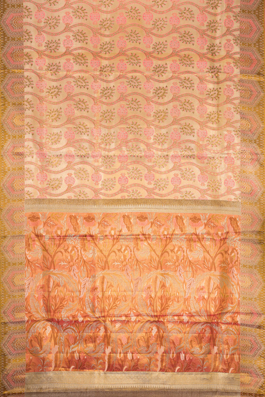 Flat view of Gold Dual Tone Kanjivaram Tissue Silk Saree with Zari Brocade on the body and Zari Border. 