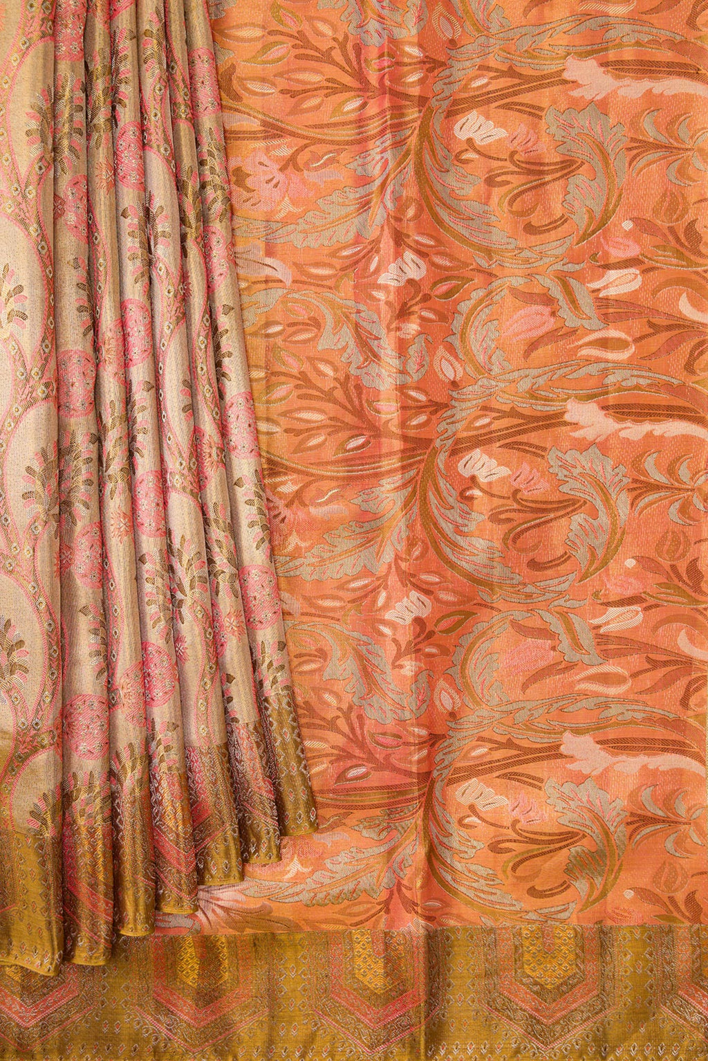 Pleats and pallu of Gold Dual Tone Kanjivaram Tissue Silk Saree with Zari Brocade on the body and Zari Border. 