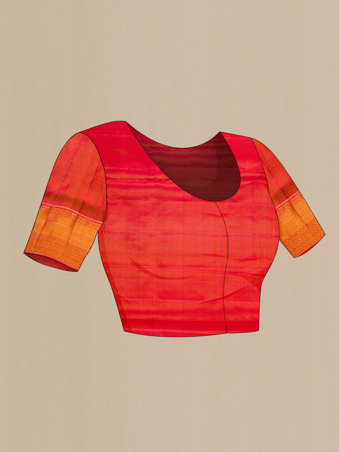 Close up image of the blouse of Rose Gold Dual Tone Kanchipuram Tissue Silk Saree with Zari Brocade on the body and Zari Border. 