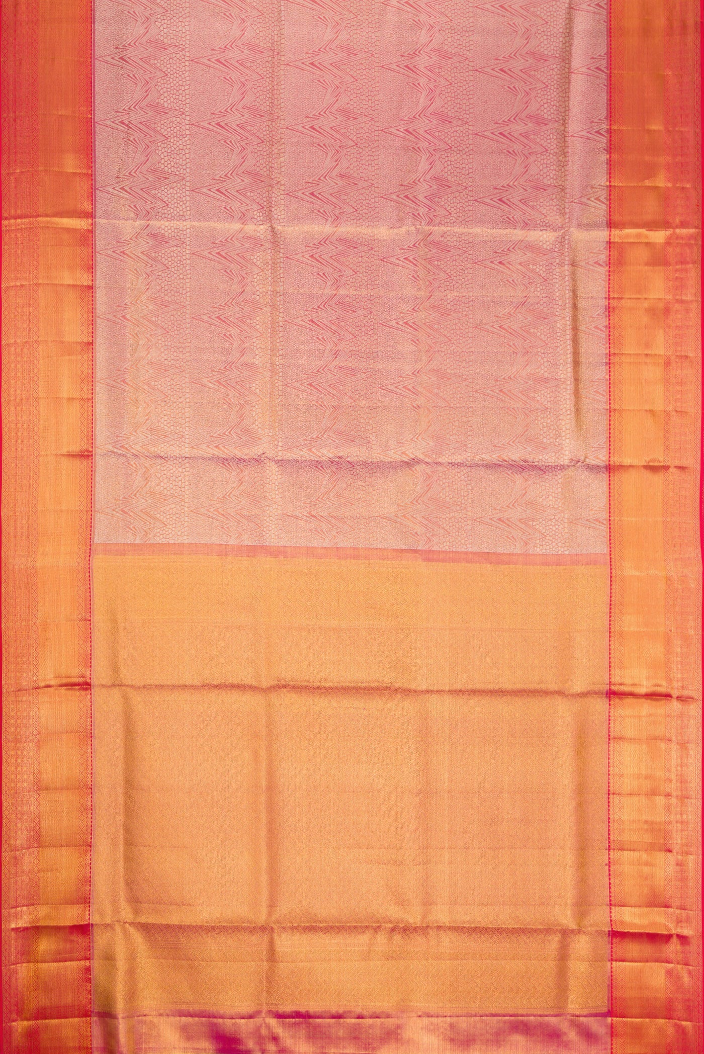 Flat view of Rose Gold Dual Tone Kanchipuram Tissue Silk Saree with Zari Brocade on the body and Zari Border. 