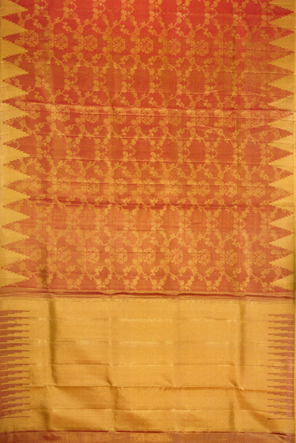 Flat view of Dark Pink Dual Tone Kanchipuram Tissue Silk Saree with Zari Brocade on the body and Temple Border. 