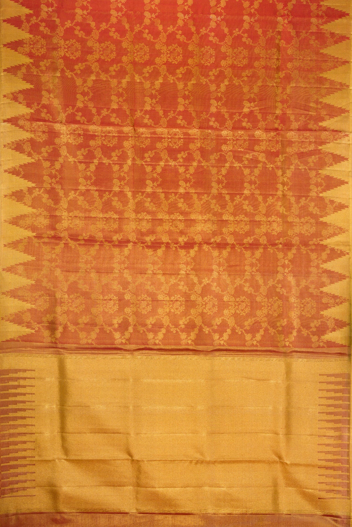 Flat view of Dark Pink Dual Tone Kanchipuram Tissue Silk Saree with Zari Brocade on the body and Temple Border. 