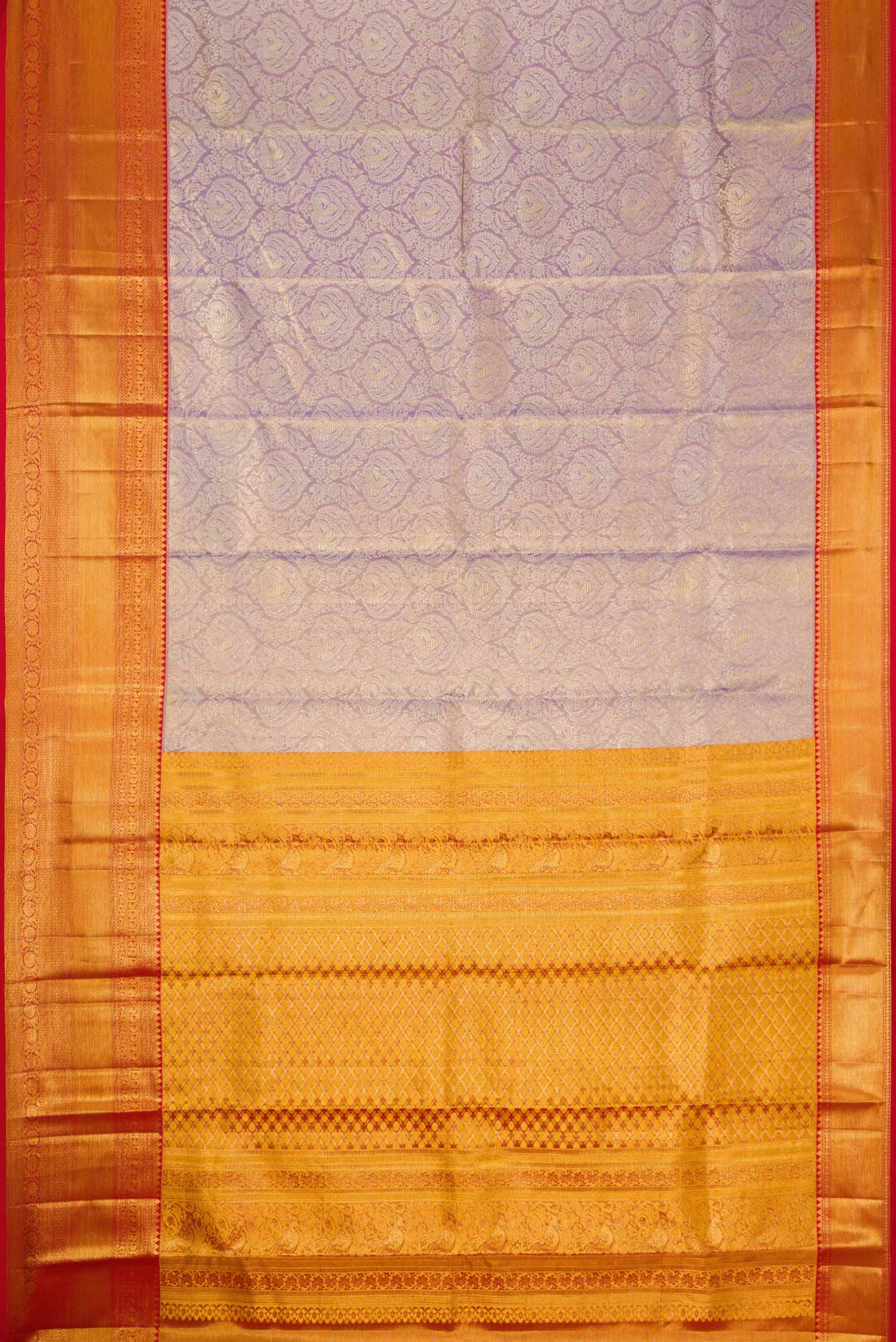 Flat view of Lavender Dual Tone Kanchipuram Tissue Silk Saree with Zari Brocade on the body and Zari Border. 