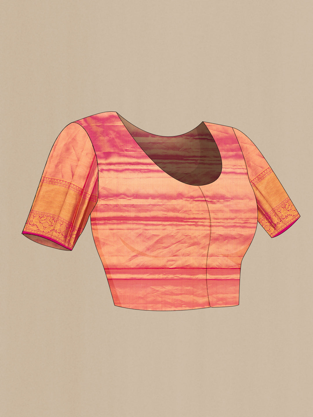 Close up image of the blouse of Gold Dual Tone Kanchipuram Tissue Silk Saree with Zari Brocade on the body and Zari Border. 