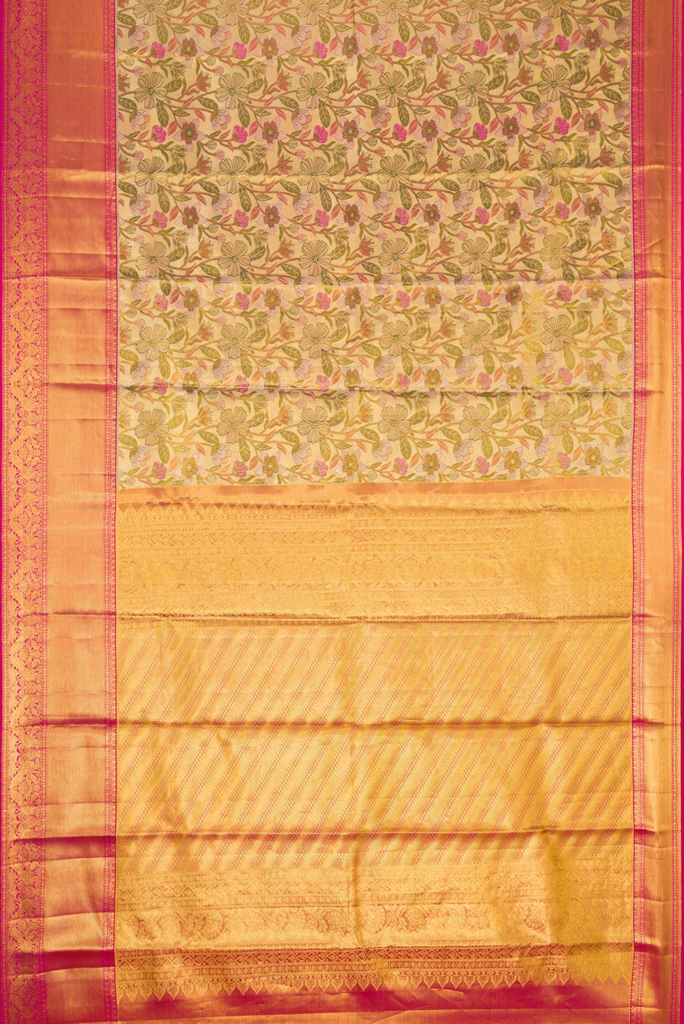 Flat view of Gold Dual Tone Kanchipuram Tissue Silk Saree with Zari Brocade on the body and Zari Border. 