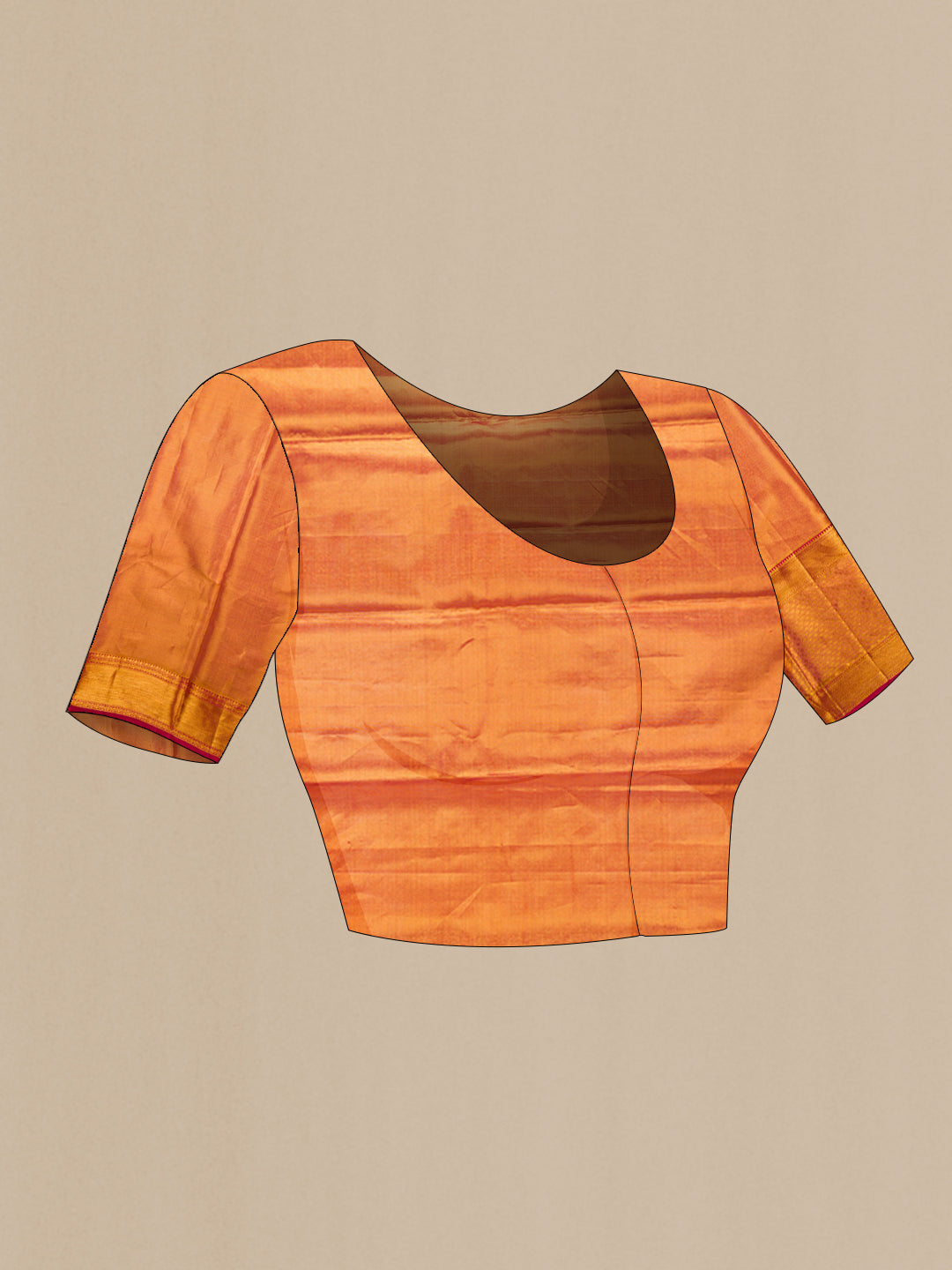 Close up image of the blouse of Golden Peach Dual Tone Kanchipuram Tissue Silk Saree with Zari Brocade on the body and Zari Border. 