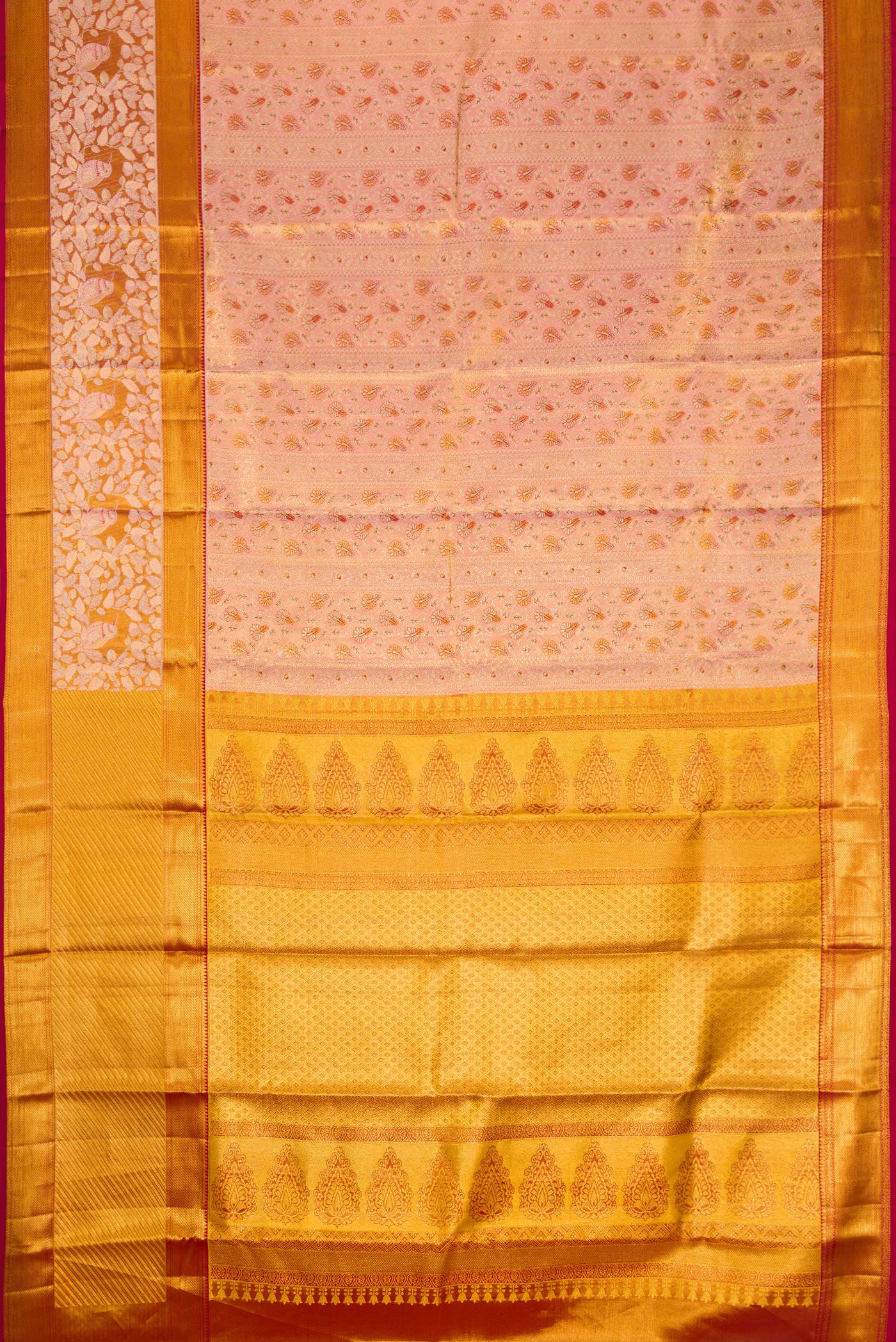 Flat view of Golden Peach Dual Tone Kanchipuram Tissue Silk Saree with Zari Brocade on the body and Zari Border. 
