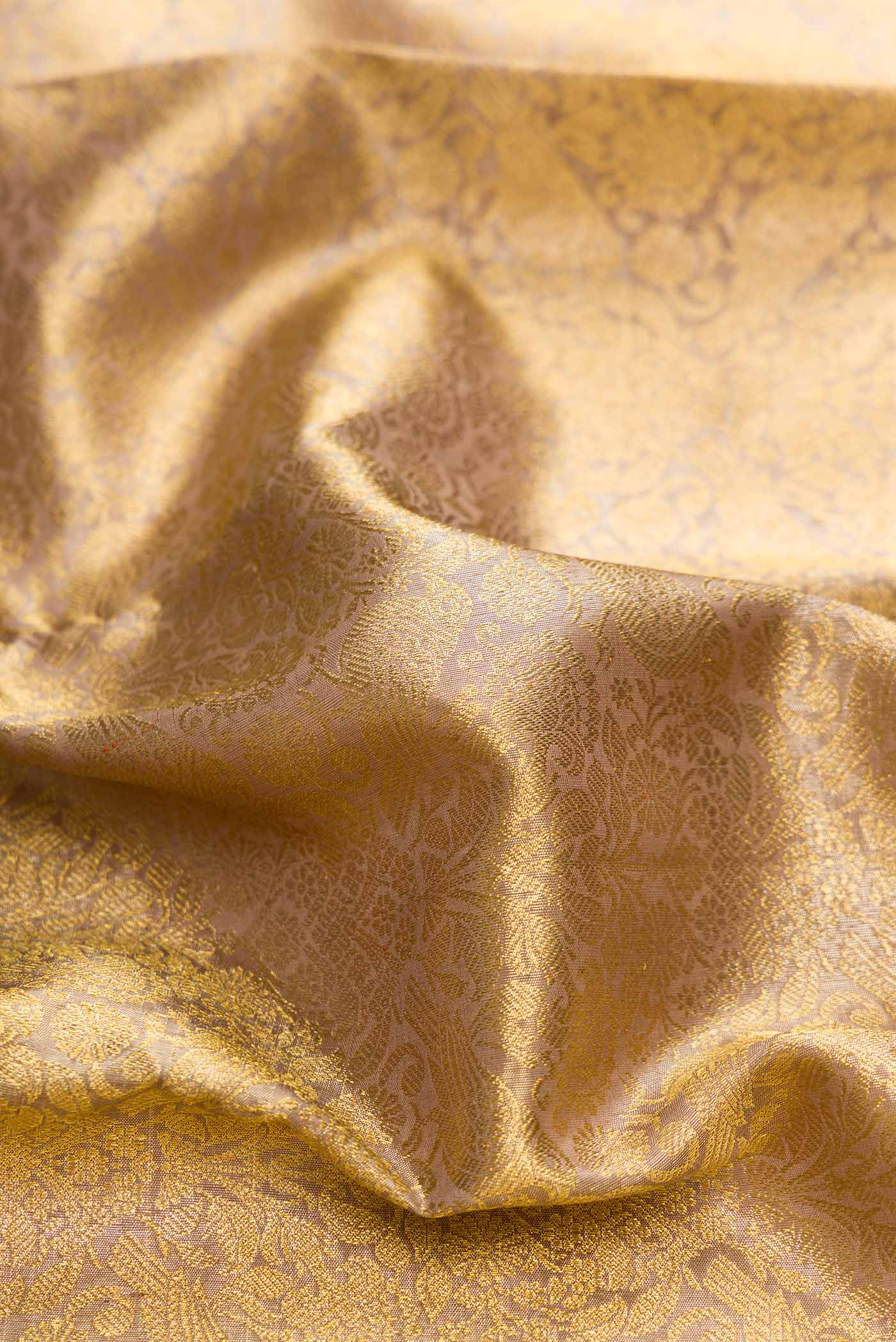 Close up of Pure Silk Pure Zari Dark Beige Dual Tone Kanchipuram Saree with Zari Brocade on the body and Zari Border displaying folds
