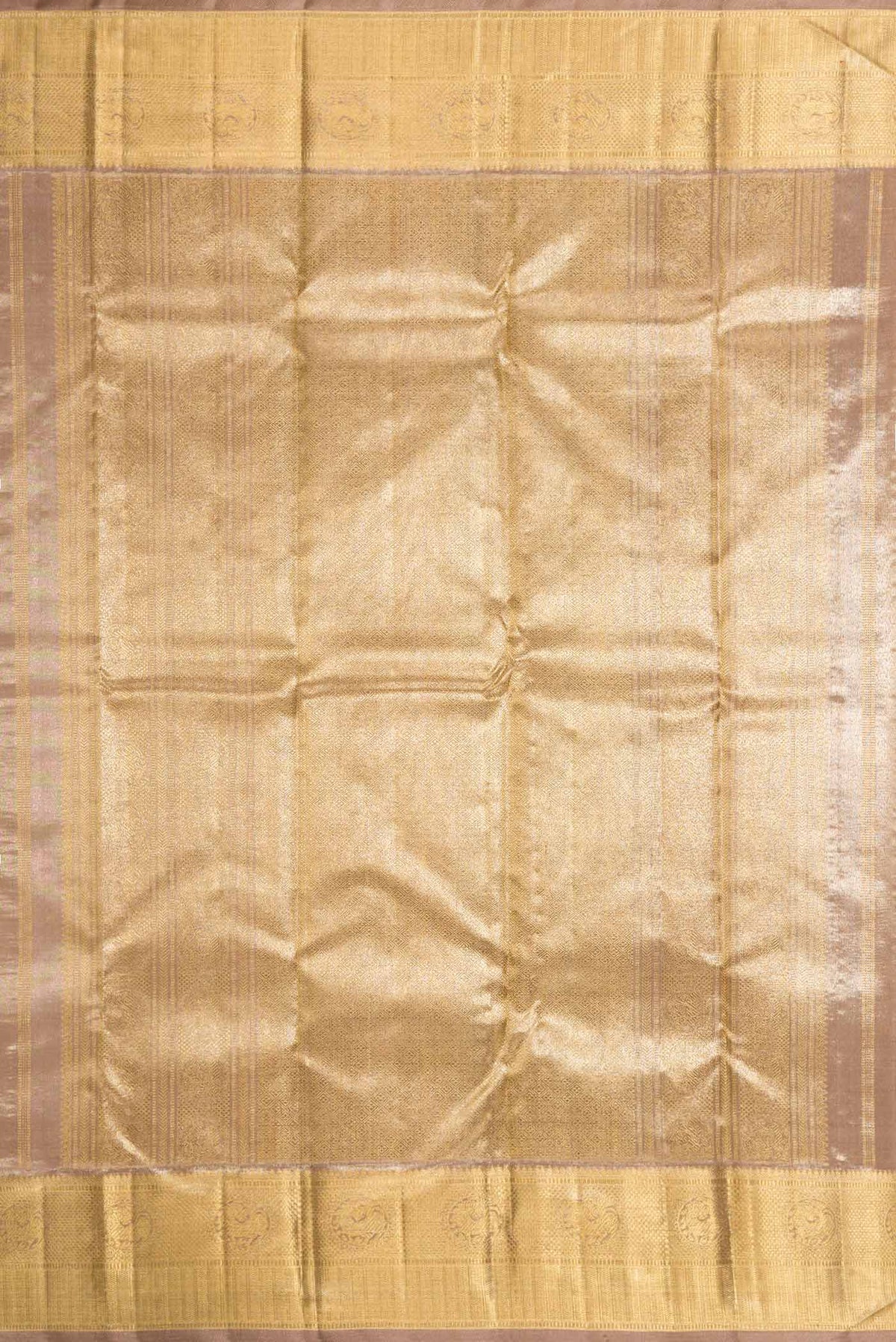 Close up image of the pallu of Pure Silk Pure Zari Dark Beige Dual Tone Kanchipuram Saree with Zari Brocade on the body and Zari Border