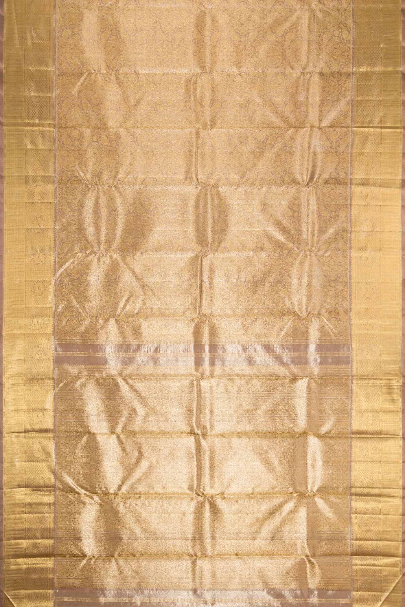 Flat view of Pure Silk Pure Zari Dark Beige Dual Tone Kanchipuram Saree with Zari Brocade on the body and Zari Border