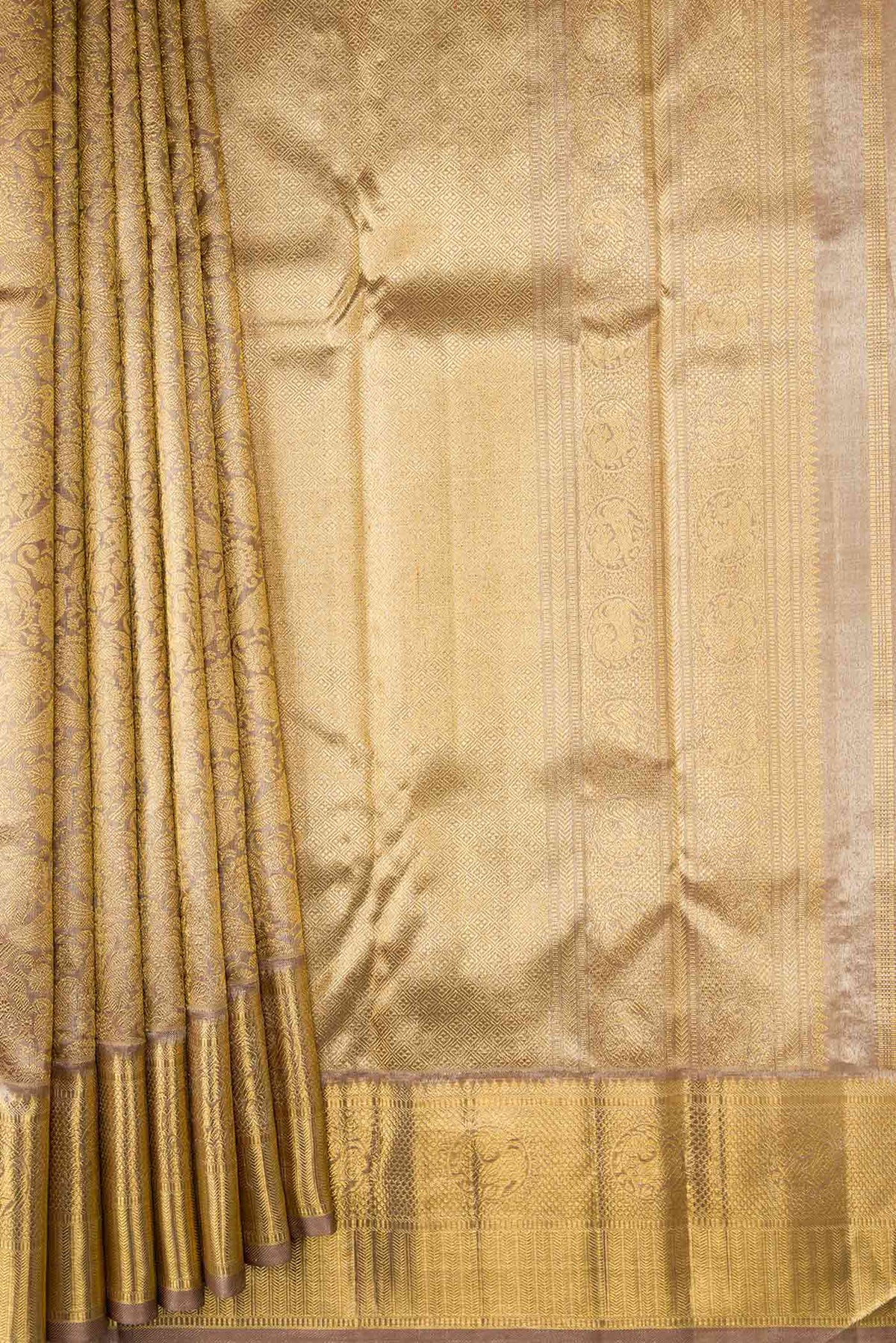 Pleats and pallu of Pure Silk Pure Zari Dark Beige Dual Tone Kanchipuram Saree with Zari Brocade on the body and Zari Border